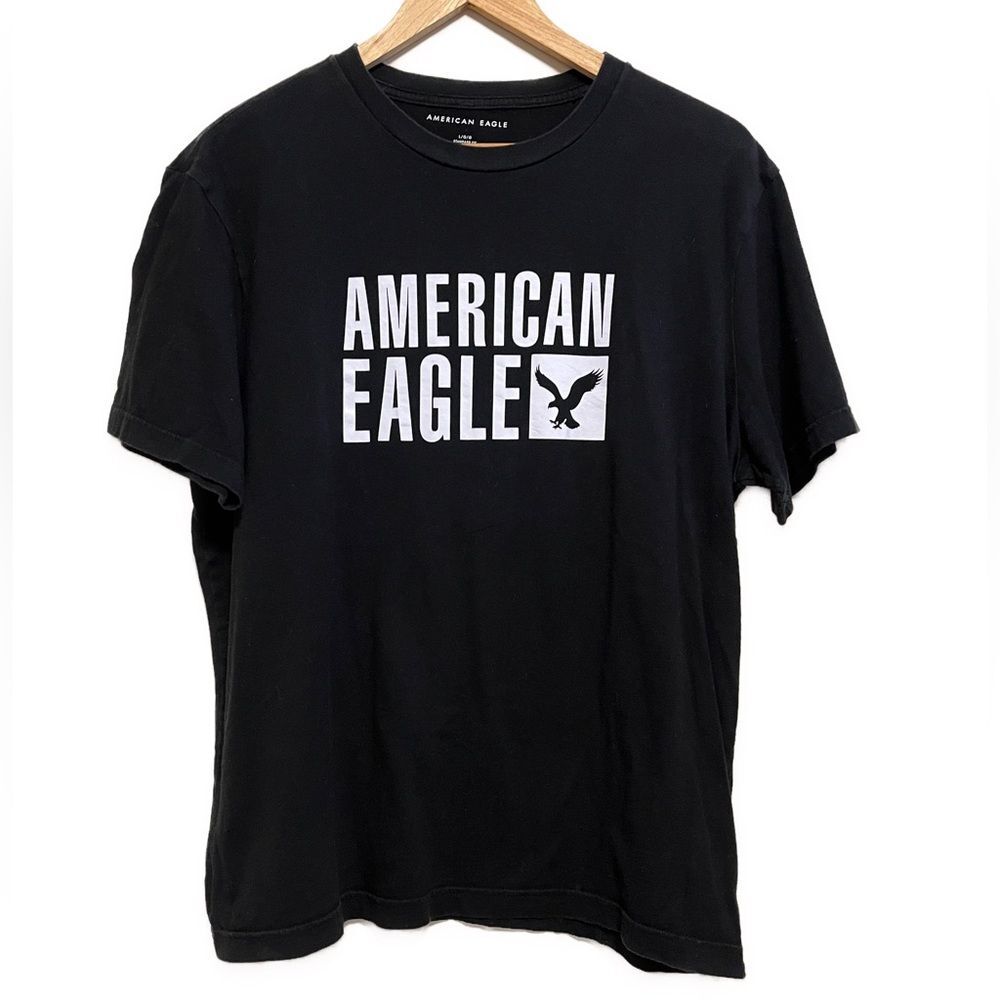 American Eagle Black Graphic Casual Tee, Standard Fit, Size Large